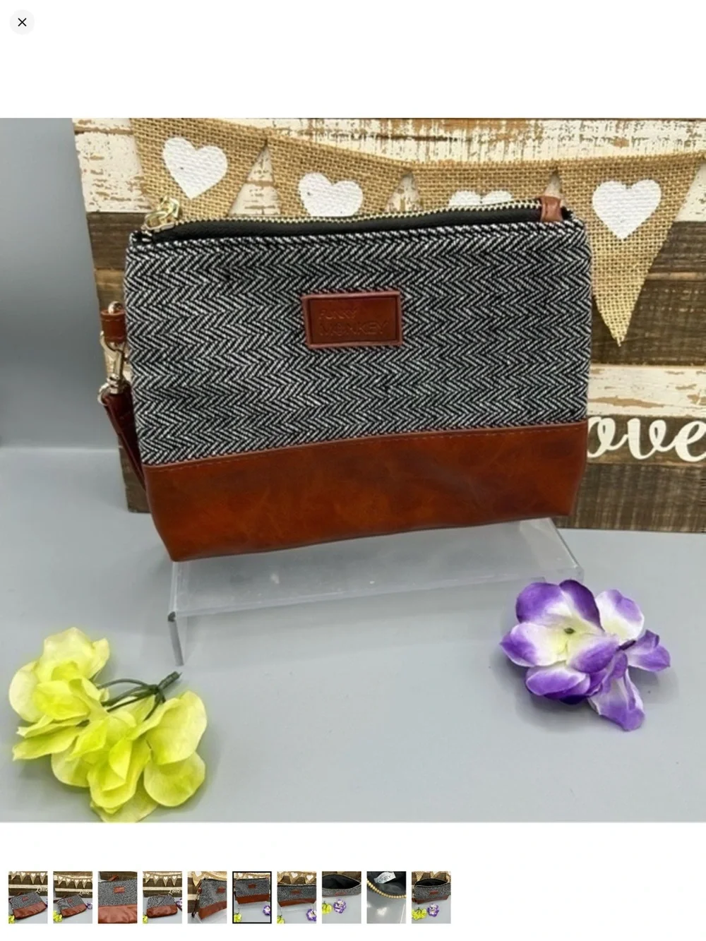 ✨Herringbone & Brown Faux Leather Wristlet Clutch